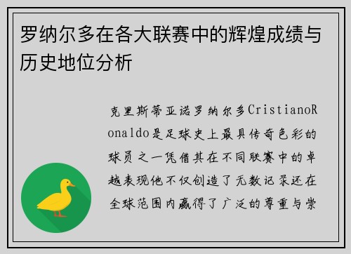 罗纳尔多在各大联赛中的辉煌成绩与历史地位分析