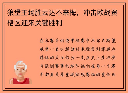狼堡主场胜云达不来梅，冲击欧战资格区迎来关键胜利